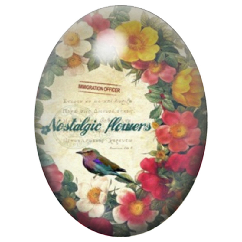 Cabochon en Verre Illustré Oiseau et Fleurs sur Affiche Vintage 13x18, 18x25 ou 30x40mm