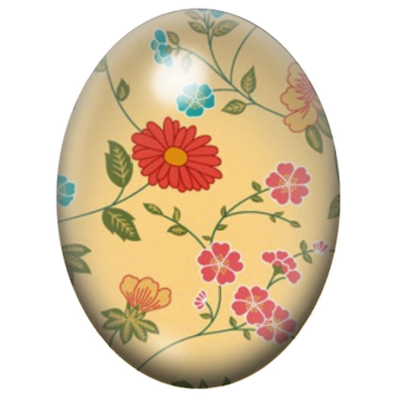 Cabochon en Verre Illustré Fleurs Folk Rouges et Turquoise 13x18, 18x25 ou 30x40mm