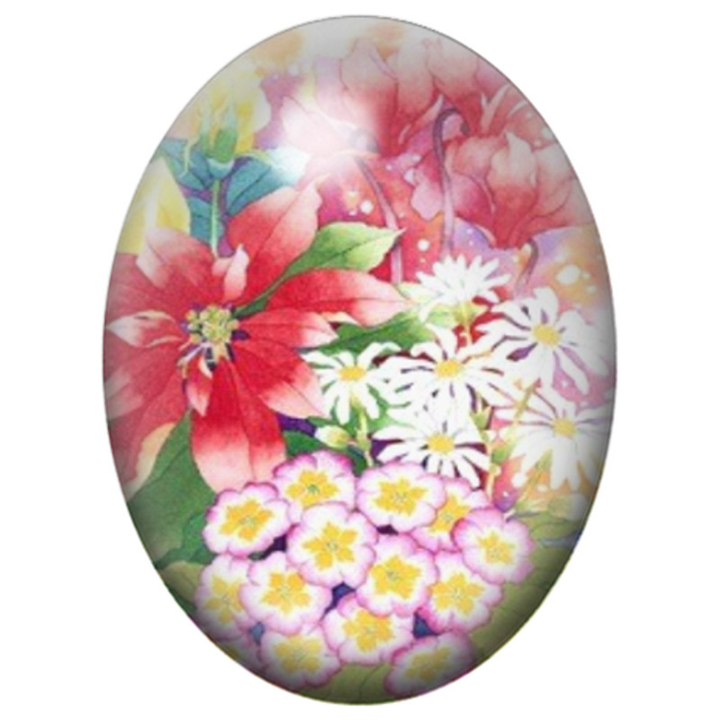 Cabochon en Verre Illustré Bouquet de Fleurs Rouges et Marguerites 13x18, 18x25 ou 30x40mm