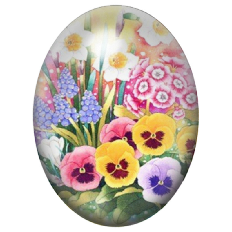 Cabochon en Verre Illustré Pensées Multicolores et Muscaris 13x18, 18x25 ou 30x40mm