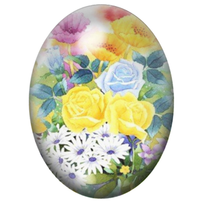 Cabochon en Verre Illustré Roses Jaunes et Marguerites Blanches 13x18, 18x25 ou 30x40mm