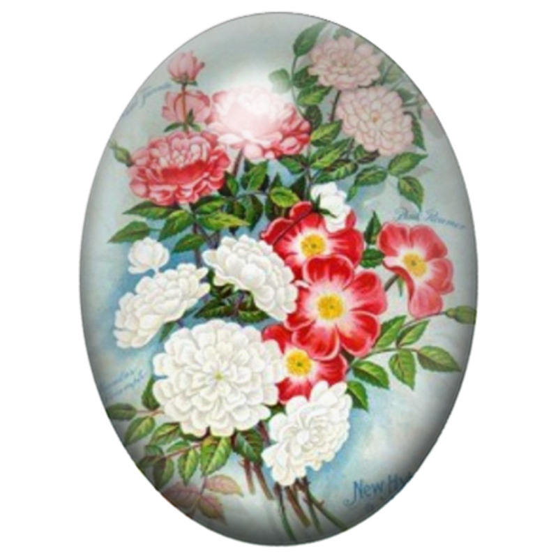 Cabochon en Verre Illustré Pivoines Blanches et Fleurs Rouges 13x18, 18x25 ou 30x40mm