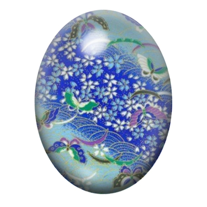 Cabochon en Verre Illustré Fleurs et Arabesques Bleues 13x18, 18x25 ou 30x40mm