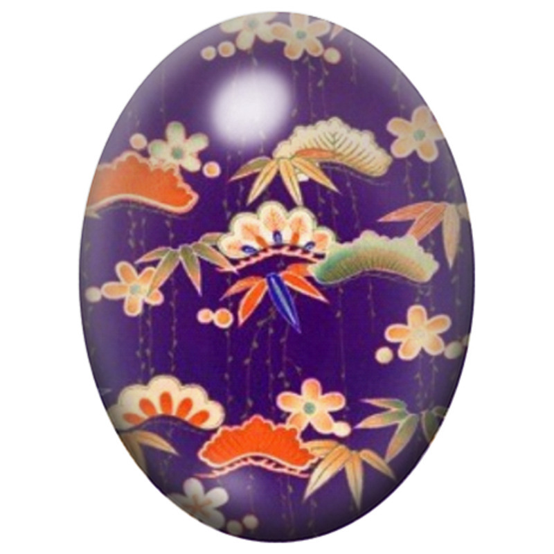 Cabochon en Verre Illustré Éventails et Grues sur Fond Violet 13x18, 18x25 ou 30x40mm