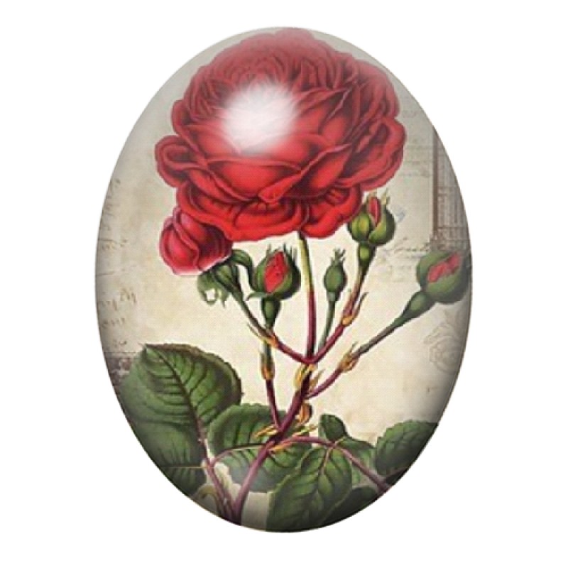 Cabochon en Verre Illustré Rose Rouge Botanique Vintage 13x18, 18x25 ou 30x40mm