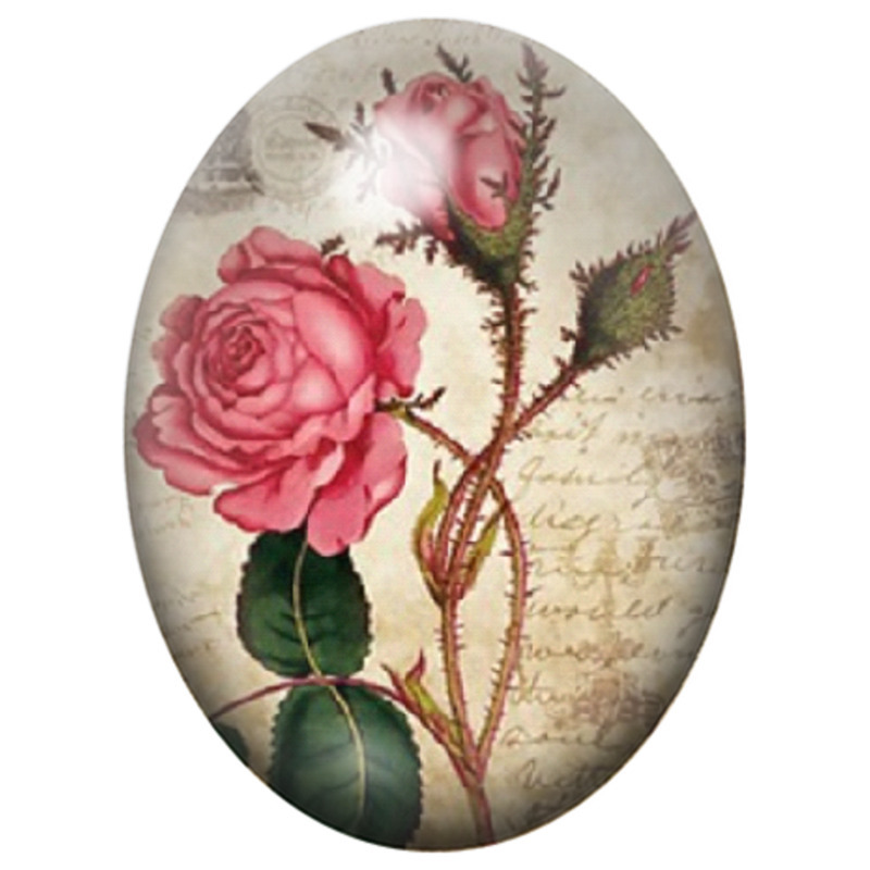 Cabochon en Verre Illustré Rose Ancienne sur Manuscrit 13x18, 18x25 ou 30x40mm