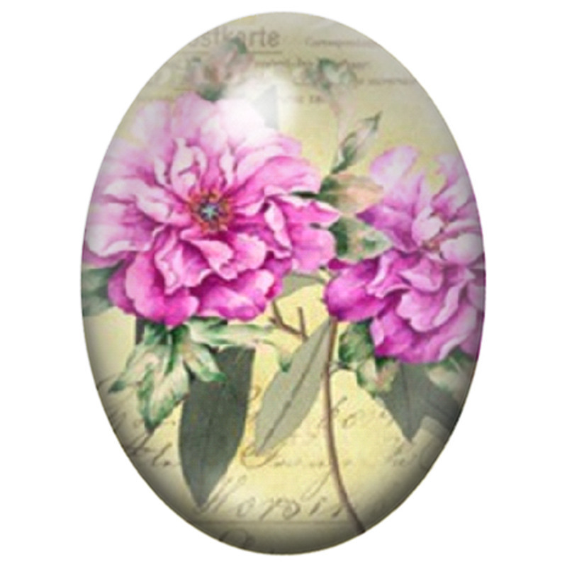 Cabochon en Verre Illustré Pivoines Roses sur Lettre Ancienne 13x18, 18x25 ou 30x40mm