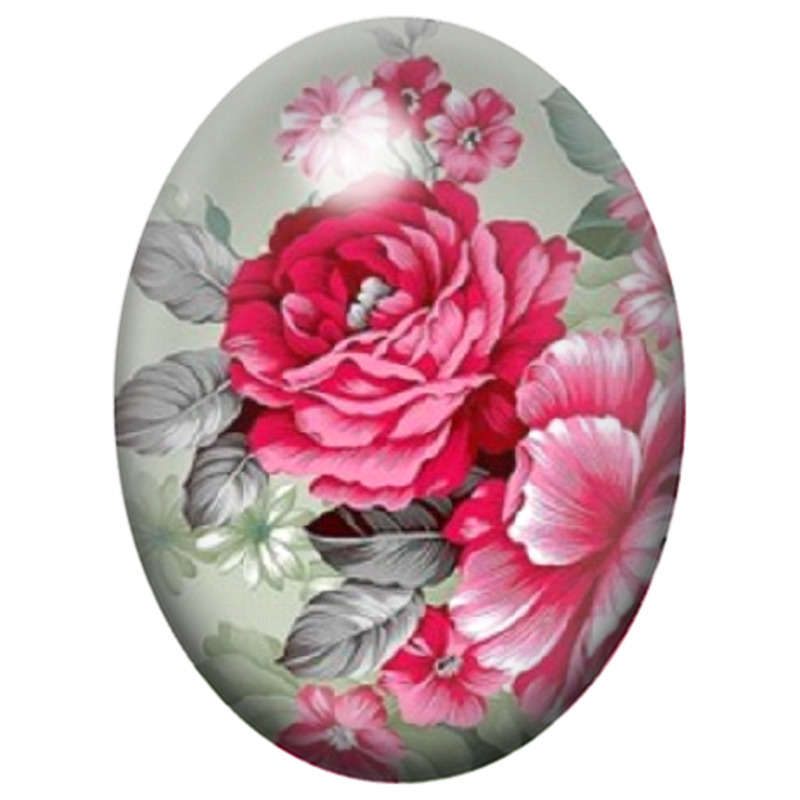 Cabochon en Verre Illustré Pivoines Roses sur Feuillage Gris 13x18, 18x25 ou 30x40mm