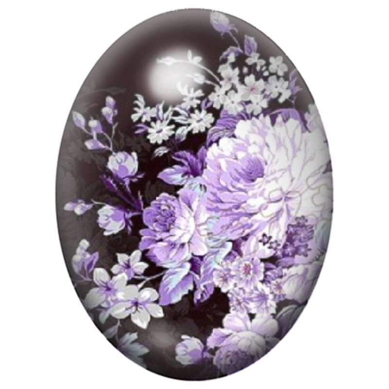 Cabochon en Verre Illustré Bouquet de Fleurs Mauves sur Fond Noir 13x18, 18x25 ou 30x40mm