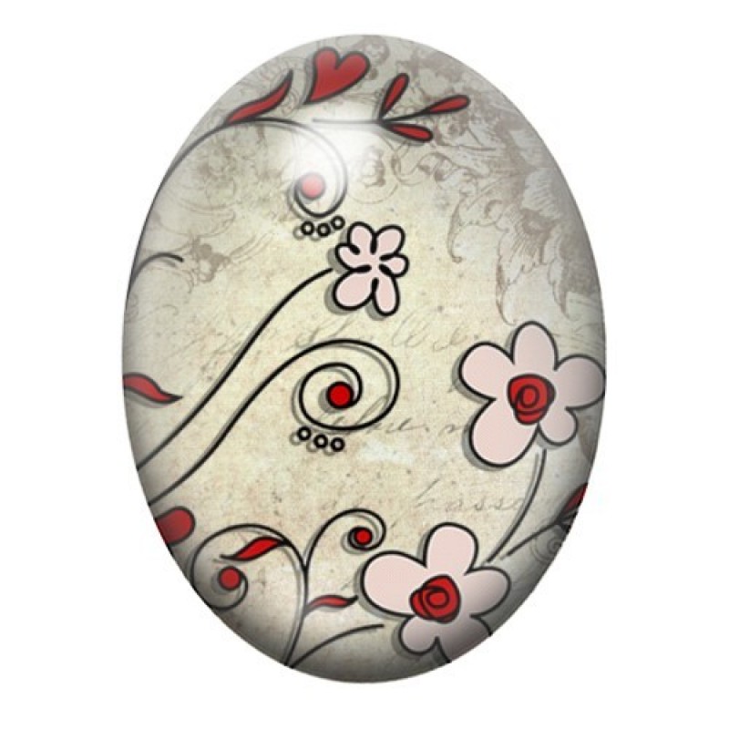 Cabochon en Verre Illustré Fleurs Blanches et Arabesques Rouges 13x18, 18x25 ou 30x40mm