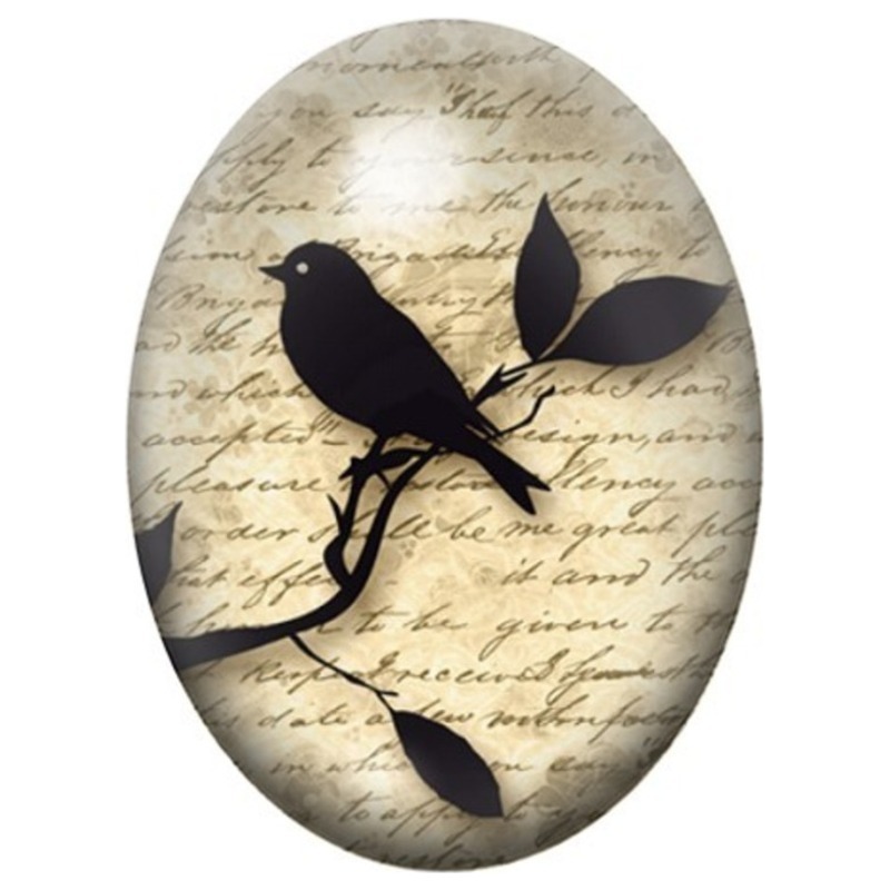 Cabochon en Verre Illustré Oiseau Noir sur une Branche au Manuscrit Sépia 13x18, 18x25 ou 30x40mm