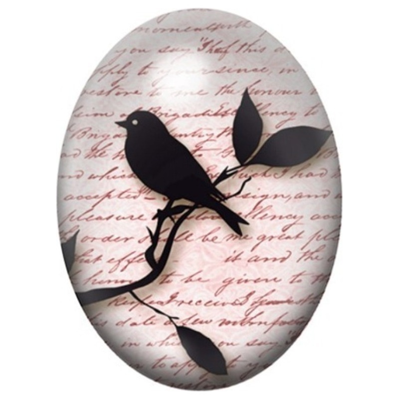 Cabochon en Verre Illustré Oiseau Noir sur une Branche au Manuscrit Rose 13x18, 18x25 ou 30x40mm