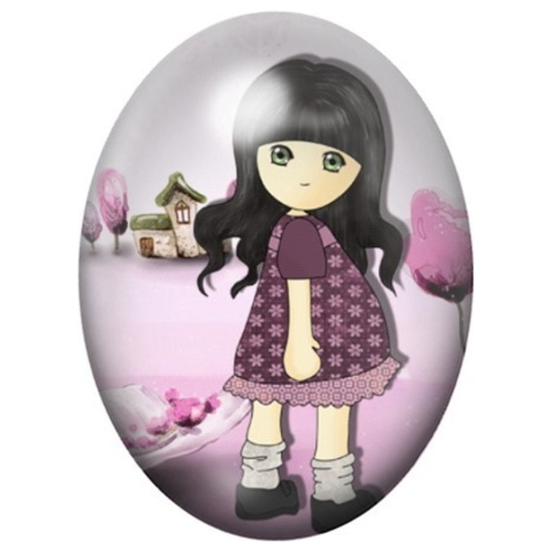 Cabochon en Verre Illustré Petite Fille en Robe Violette près du Nichoir 13x18, 18x25 ou 30x40mm