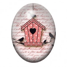 Cabochon en Verre Illustré Nichoir Rose et Oiseaux sur Manuscrit 13x18, 18x25 ou 30x40mm pour la création de bijoux fantaisie - 