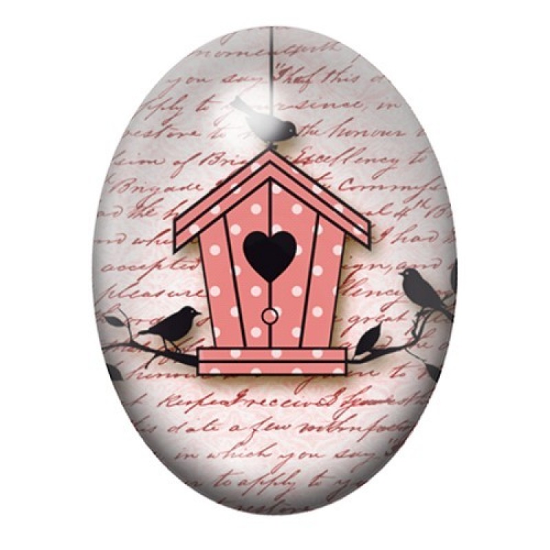 Cabochon en Verre Illustré Nichoir Rose et Oiseaux sur Manuscrit 13x18, 18x25 ou 30x40mm