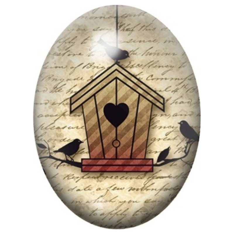 Cabochon en Verre Illustré Nichoir en Bois et Oiseaux sur Manuscrit 13x18, 18x25 ou 30x40mm