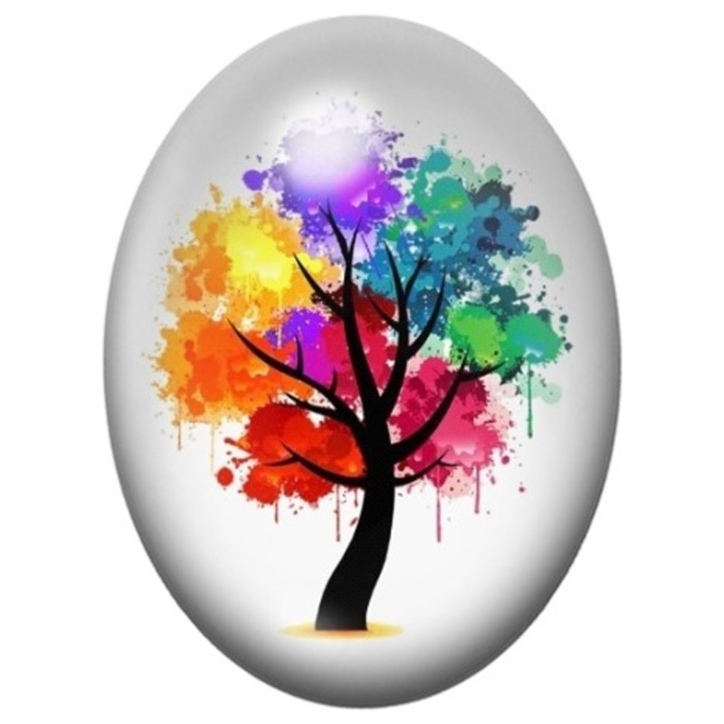 Cabochon en Verre Illustré Arbre Noir aux Aquarelles Arc-en-Ciel 13x18, 18x25 ou 30x40mm