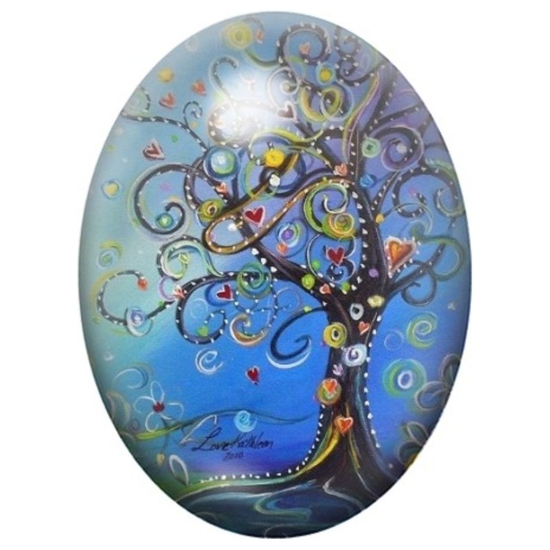 Cabochon en Verre Illustré Arbre Fantastique aux Spirales Bleues 13x18, 18x25 ou 30x40mm