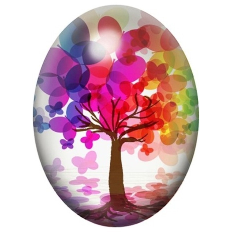 Cabochon en Verre Illustré Arbre aux Feuilles Rondes et Colorées 13x18, 18x25 ou 30x40mm