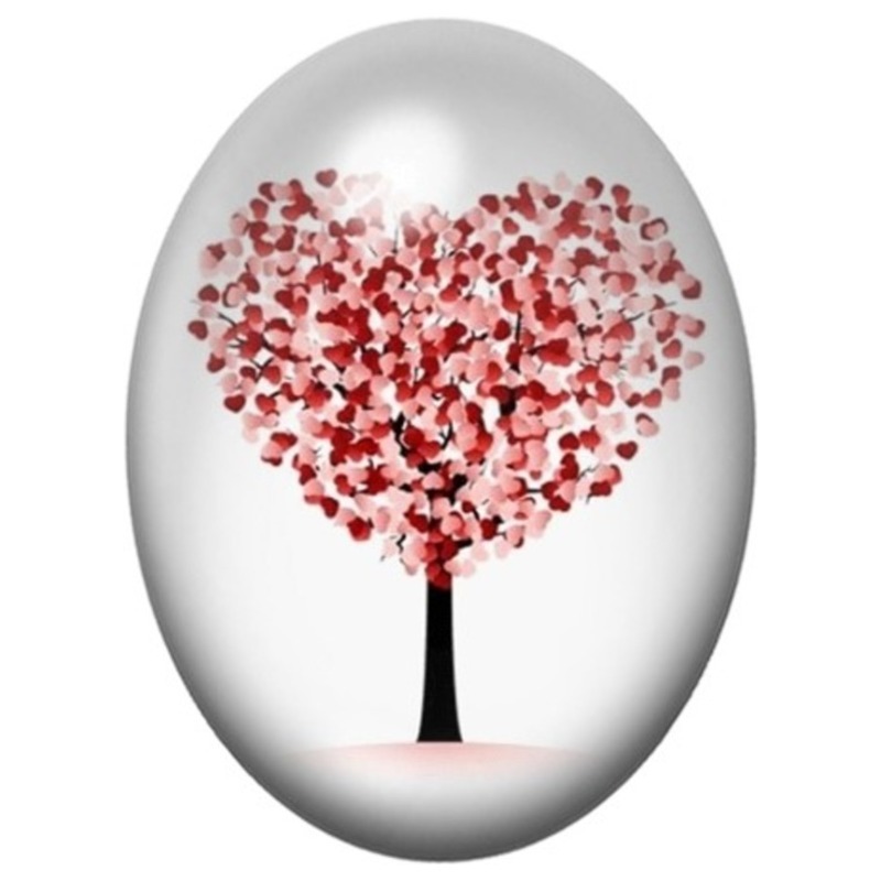 Cabochon en Verre Illustré Arbre Cœur aux Feuilles Rouges et Blanches 13x18, 18x25 ou 30x40mm