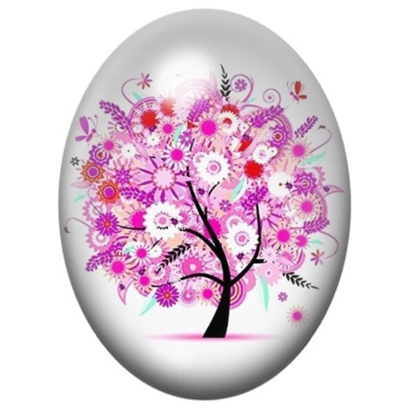 Cabochon en Verre Illustré Arbre Noir aux Fleurs Roses sur Fond Blanc 13x18, 18x25 ou 30x40mm