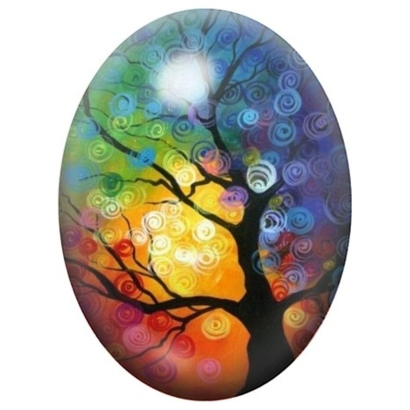 Cabochon en Verre Illustré Arbre Noir devant un Coucher de Soleil Coloré 13x18, 18x25 ou 30x40mm