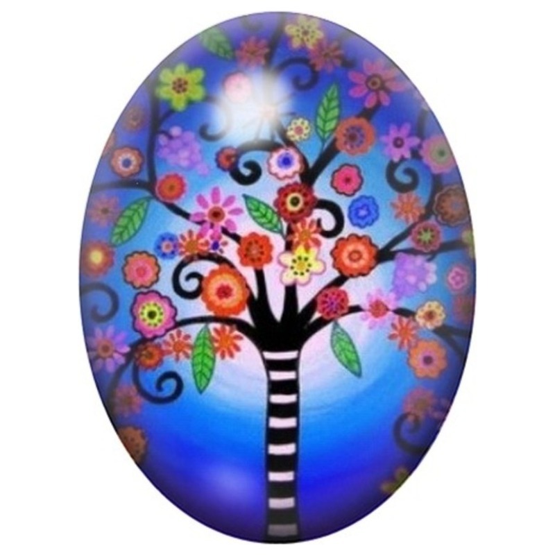 Cabochon en Verre Illustré Arbre Fleuri au Tronc Rayé Noir et Blanc 13x18, 18x25 ou 30x40mm