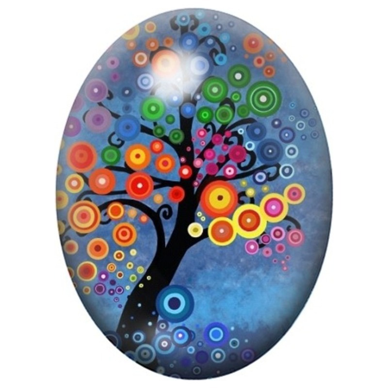Cabochon en Verre Illustré Arbre Noir aux Feuilles Rondes Multicolores 13x18, 18x25 ou 30x40mm