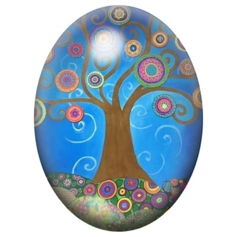 Cabochon en Verre Illustré Arbre aux Spirales Colorées sur Fond Bleu 13x18, 18x25 ou 30x40mm