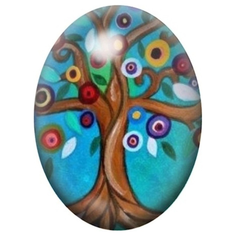 Cabochon en Verre Illustré Arbre de Vie Turquoise aux Feuilles Rondes 13x18, 18x25 ou 30x40mm