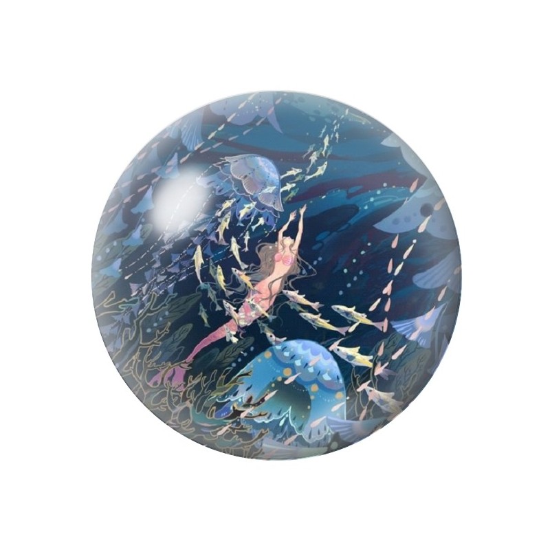 Cabochon en Verre Illustré Méduse Sirène Mer Été 12 à 25mm