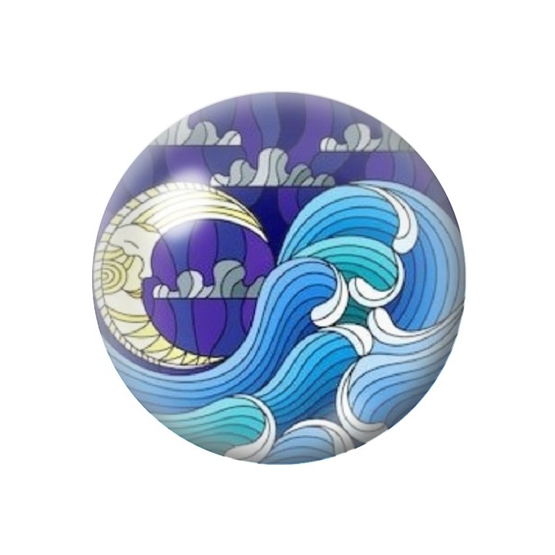 Cabochon en Verre Illustré Lune Vagues Mer Été 12 à 25mm