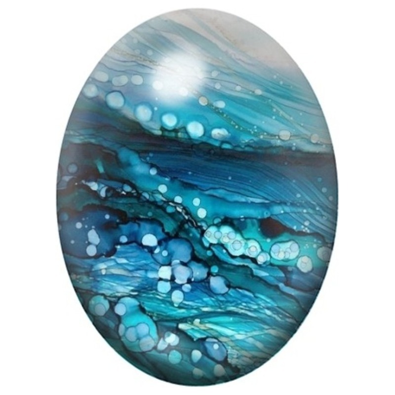 Cabochon en Verre Illustré Vague Abstraite Bleu Turquoise 13x18, 18x25 ou 30x40mm