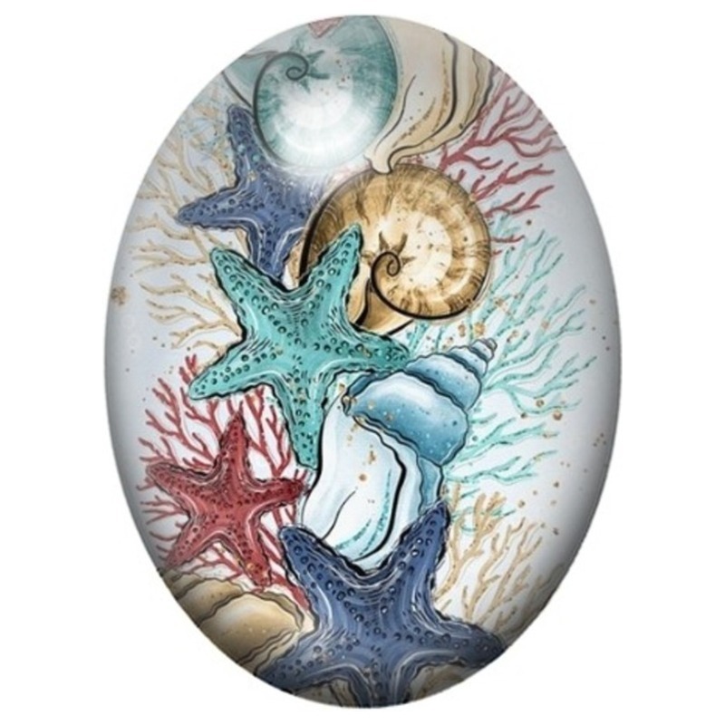 Cabochon en Verre Illustré Coquillages et Étoiles de Mer Vintage 13x18, 18x25 ou 30x40mm