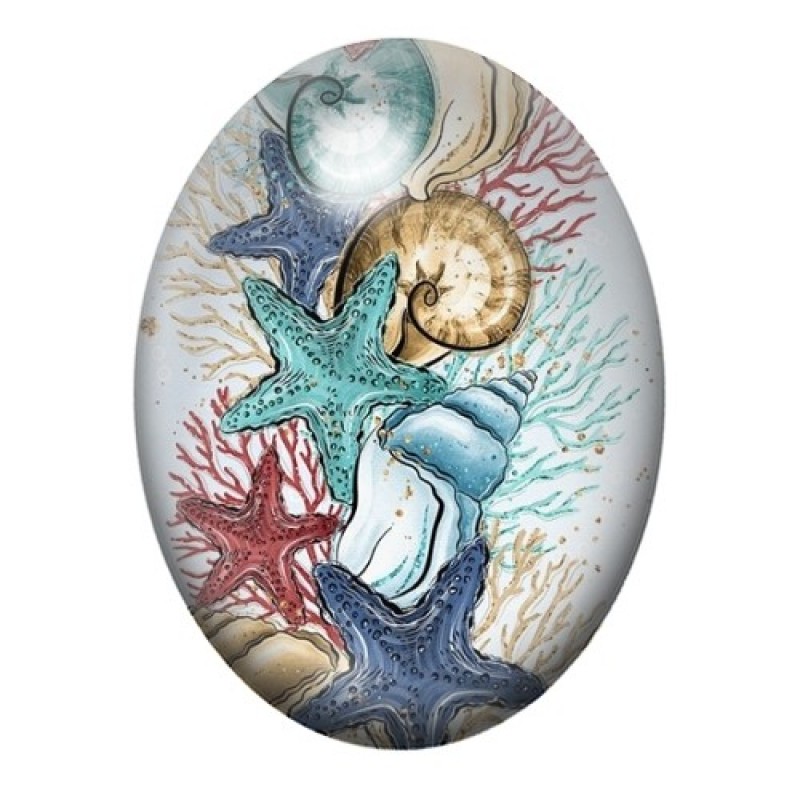 Cabochon en Verre Illustré Mer, Été, Coquillages 13x18, 18x25 ou 30x40mm