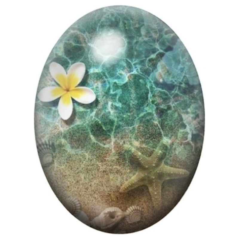 Cabochon en Verre Illustré Fleur de Frangipanier au Bord de l’Eau 13x18, 18x25 ou 30x40mm