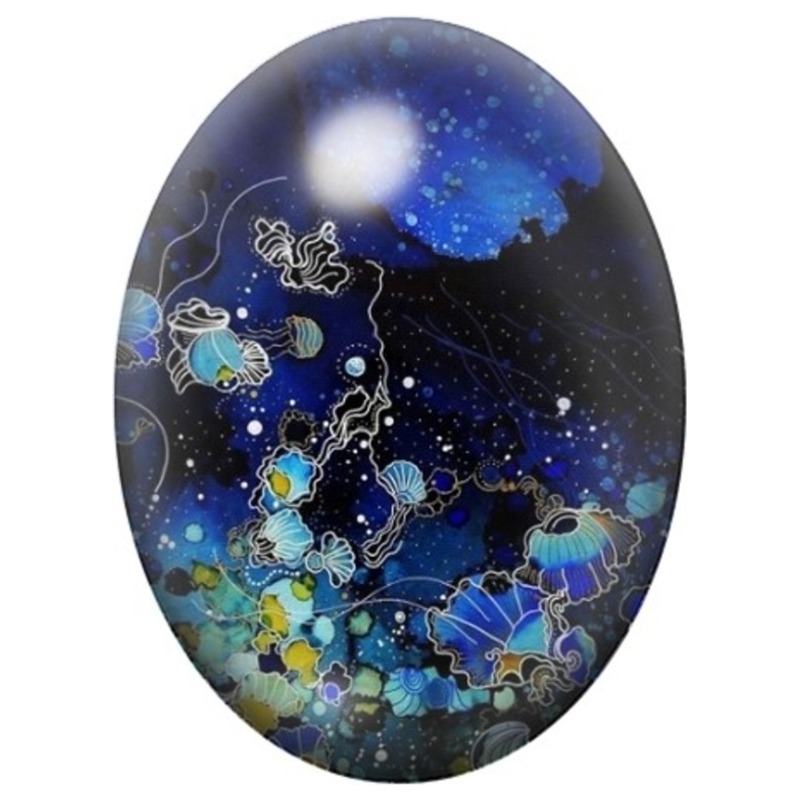 Cabochon en Verre Illustré Méduses Graphiques dans la Nuit Bleue 13x18, 18x25 ou 30x40mm