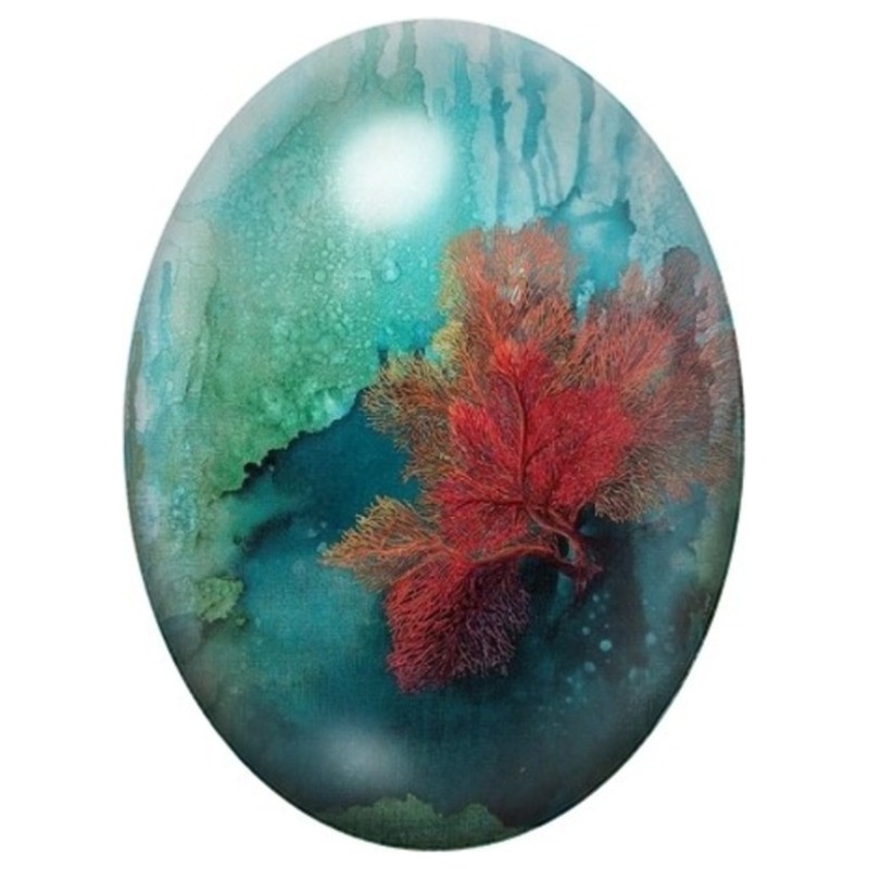 Cabochon en Verre Illustré Corail Rouge dans l’Eau Turquoise 13x18, 18x25 ou 30x40mm