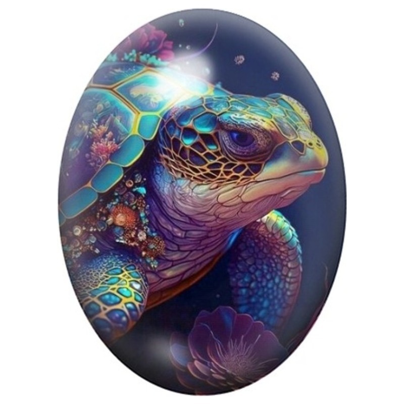 Cabochon en Verre Illustré Tortue Marine aux Écailles Colorées 13x18, 18x25 ou 30x40mm