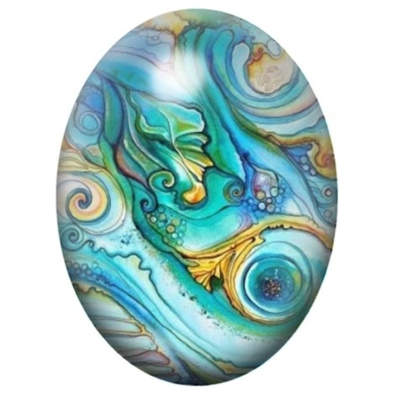 Cabochon en Verre Illustré Océan Abstrait Turquoise et Doré 13x18, 18x25 ou 30x40mm