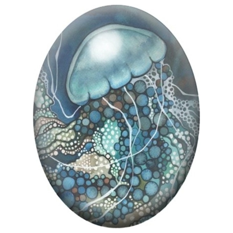 Cabochon en Verre Illustré Méduse Graphique Bleu Turquoise 13x18, 18x25 ou 30x40mm