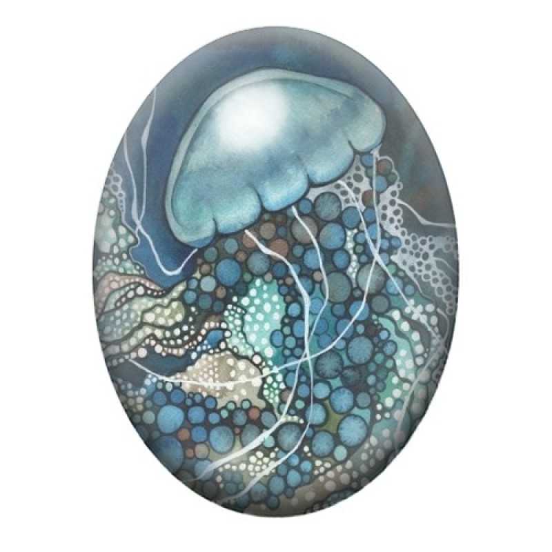 Cabochon en Verre Illustré Mer, Été, Méduse 13x18, 18x25 ou 30x40mm