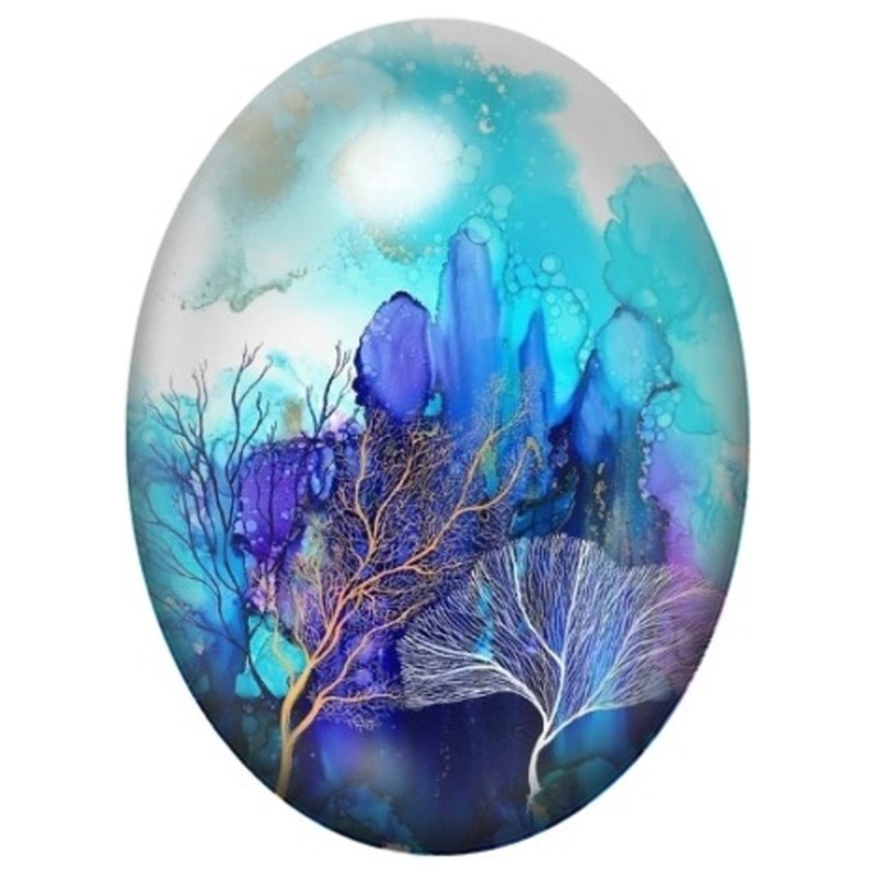 Cabochon en Verre Illustré Coraux Bleus dans une Grotte Marine 13x18, 18x25 ou 30x40mm