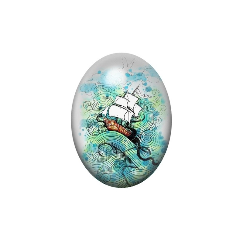 Cabochon en Verre Illustré Mer, Été, Bateau, Navire 13x18, 18x25 ou 30x40mm