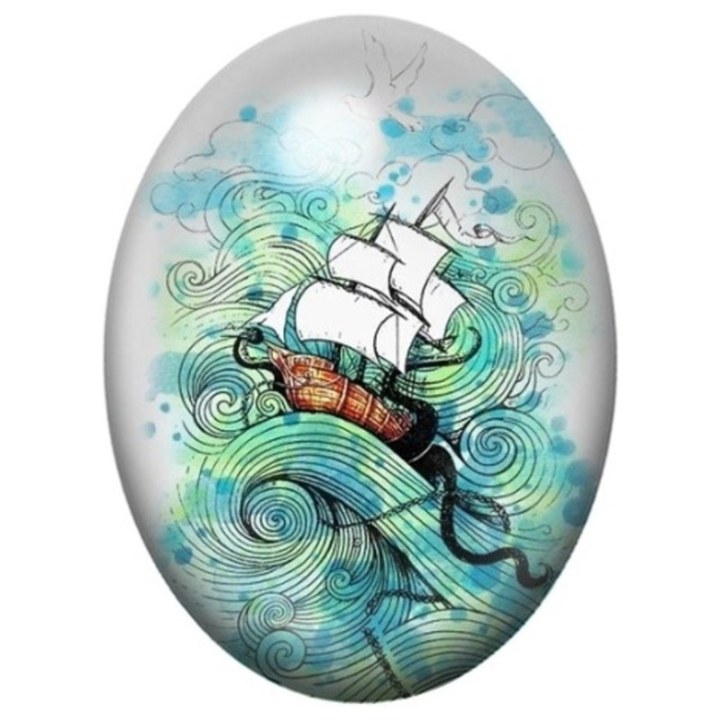 Cabochon en Verre Illustré Voilier dans les Vagues Turquoise 13x18, 18x25 ou 30x40mm