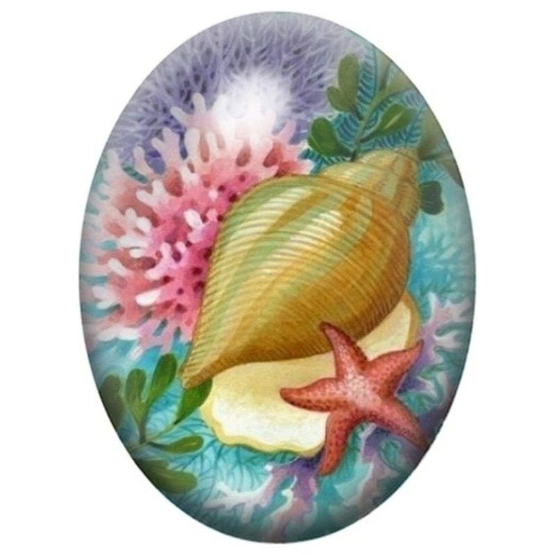 Cabochon en Verre Illustré Coquillage Doré et Étoile de Mer 13x18, 18x25 ou 30x40mm