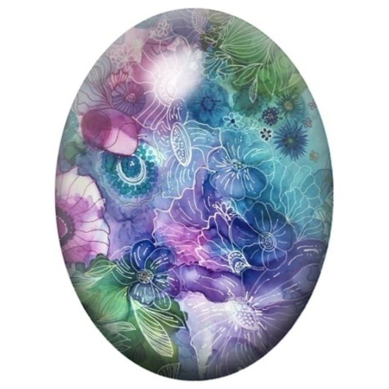 Cabochon en Verre Illustré Récif Floral Violet et Turquoise 13x18, 18x25 ou 30x40mm