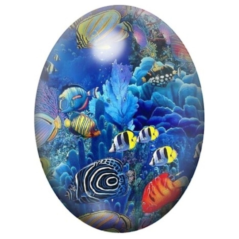 Cabochon en Verre Illustré Poissons Tropicaux dans un Récif Bleu 13x18, 18x25 ou 30x40mm