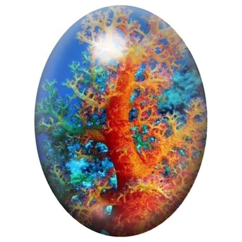 Cabochon en Verre Illustré Corail Orange dans l’Océan Bleu 13x18, 18x25 ou 30x40mm