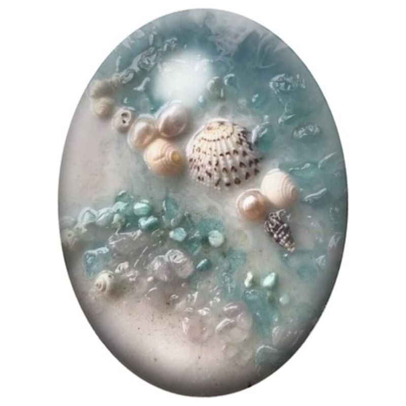 Cabochon en Verre Illustré Coquillages et Perles dans l’Écume 13x18, 18x25 ou 30x40mm